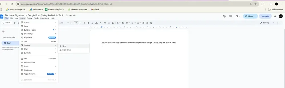 Electronic Signature on Google Docs built in tool step 1