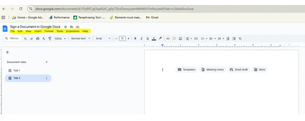 Google Docs interface top menu
