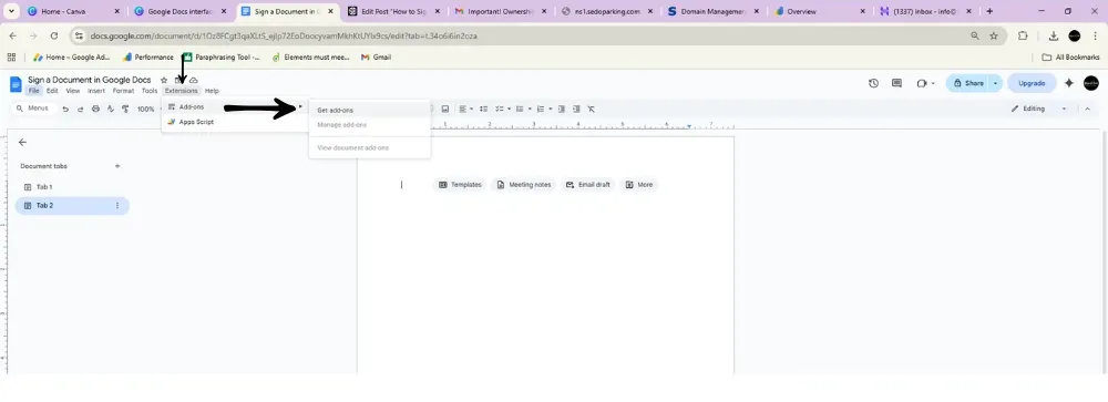 Google Docs selecting Extensions