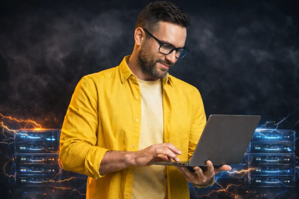 A-man-in-yellow-shirt-checking-hosting-providers-in-laptop