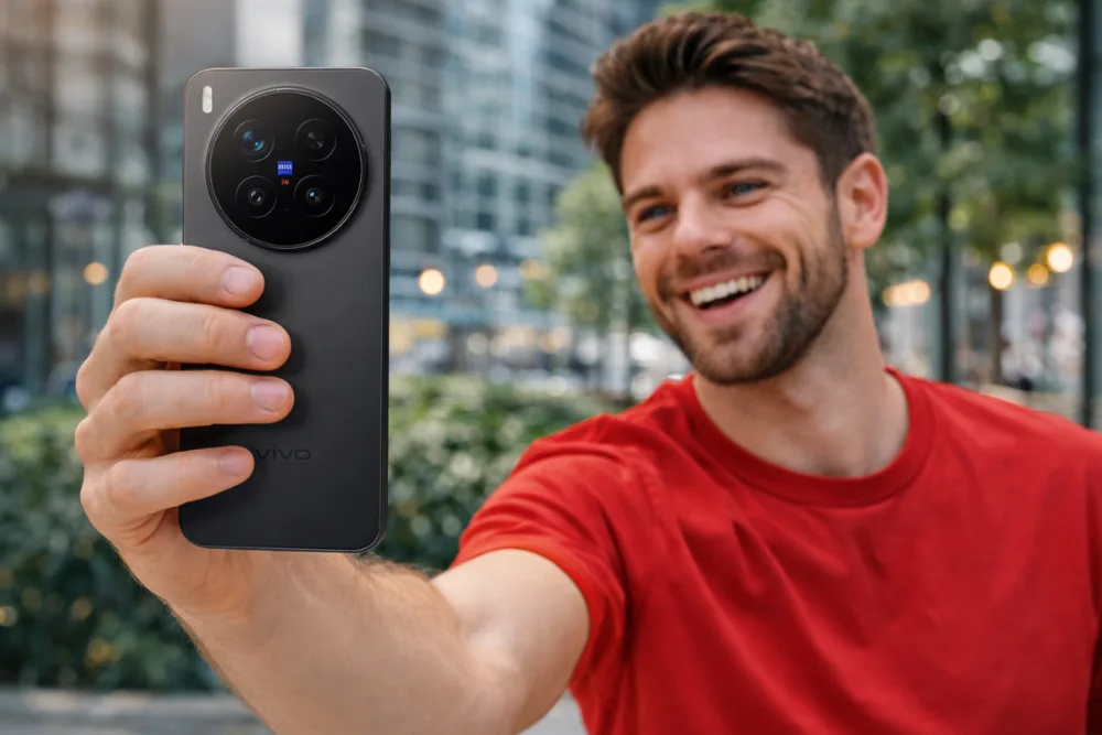 Red-shirt-man-taking-selfie-with-Vivo-X300-Pro
