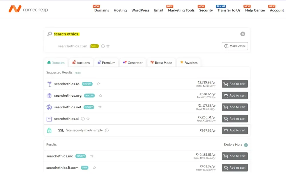 search-ethics-domain-searched-on-namecheap-domain-buying-platform