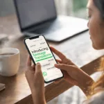 Woman-sitting-at-a-wooden-table-using-her-smartphone-to-translate-on-WhatsApp