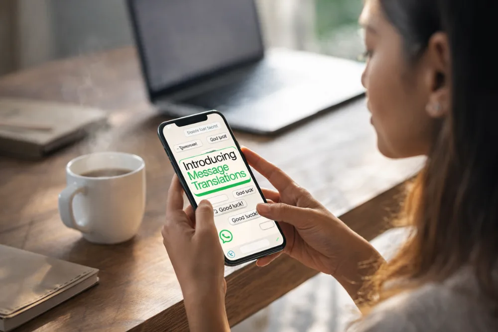 Woman-sitting-at-a-wooden-table-using-her-smartphone-to-translate-on-WhatsApp
