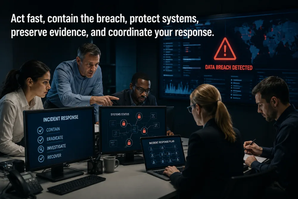 Cybersecurity-incident-response-team-working-together-to-contain-a-data-breach
