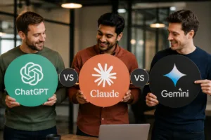 Three-people-holding-ChatGPT-Claude-and-Gemini-logos-in-a-modern-office-representing-an-AI-chatbot-comparison