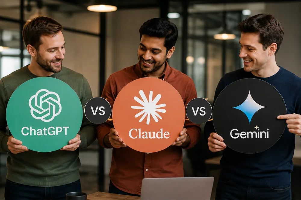 Three-people-holding-ChatGPT-Claude-and-Gemini-logos-in-a-modern-office-representing-an-AI-chatbot-comparison